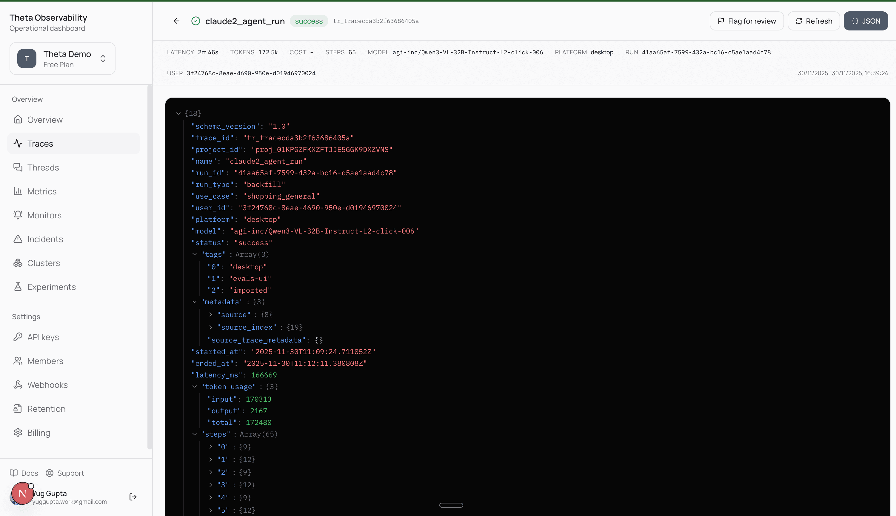Theta observability dashboard showing a traced agent run, metadata, and review tools.